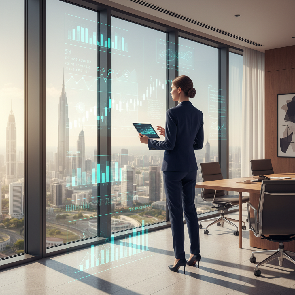 A professional person standing in a high-rise office in a global financial hub like Dubai or Singapore, looking out at a skyline with digital financial charts and graphs subtly overlaid on the glass window.