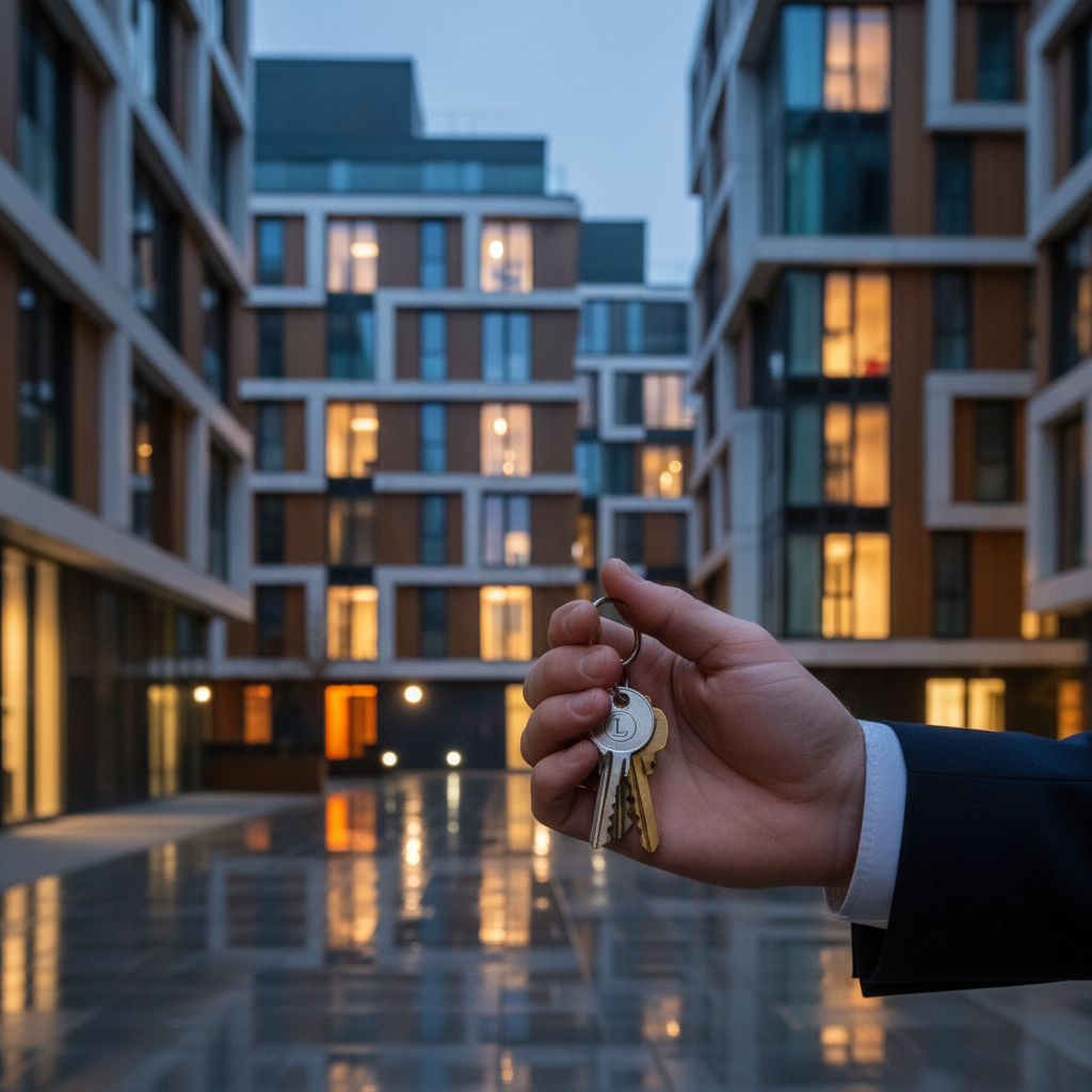 A high-quality architectural photo of a modern London residential development at dusk, with glowing windows and a professional hand holding a set of keys in the foreground.