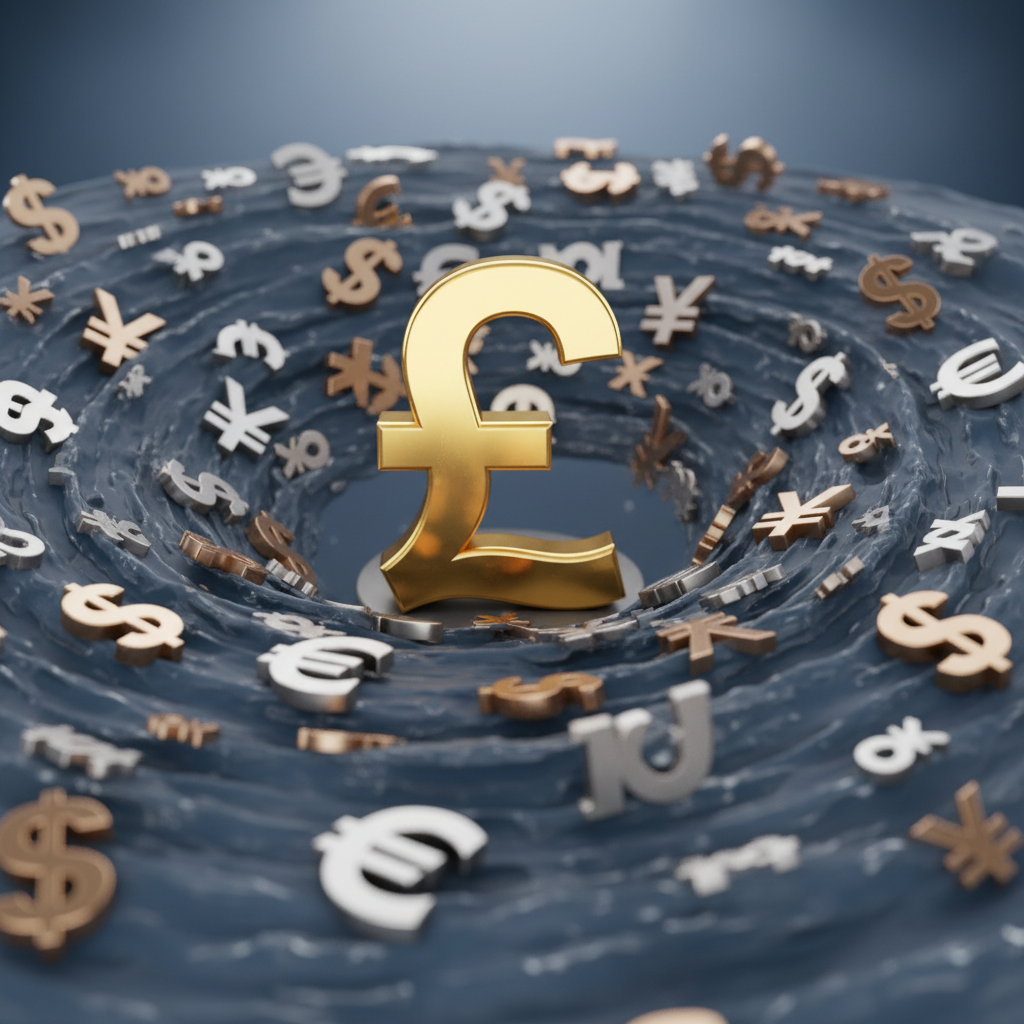 A conceptual 3D render of a golden British Pound symbol standing stable amidst a swirling sea of different world currency symbols like the Dollar, Euro, and Yen.