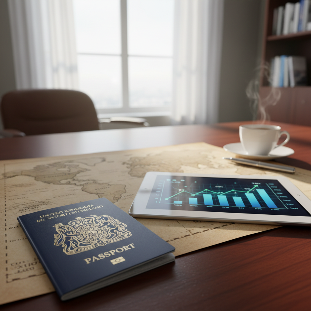 A professional setting showing a British passport, a world map, and a digital tablet displaying financial growth charts on a mahogany desk with soft morning light.