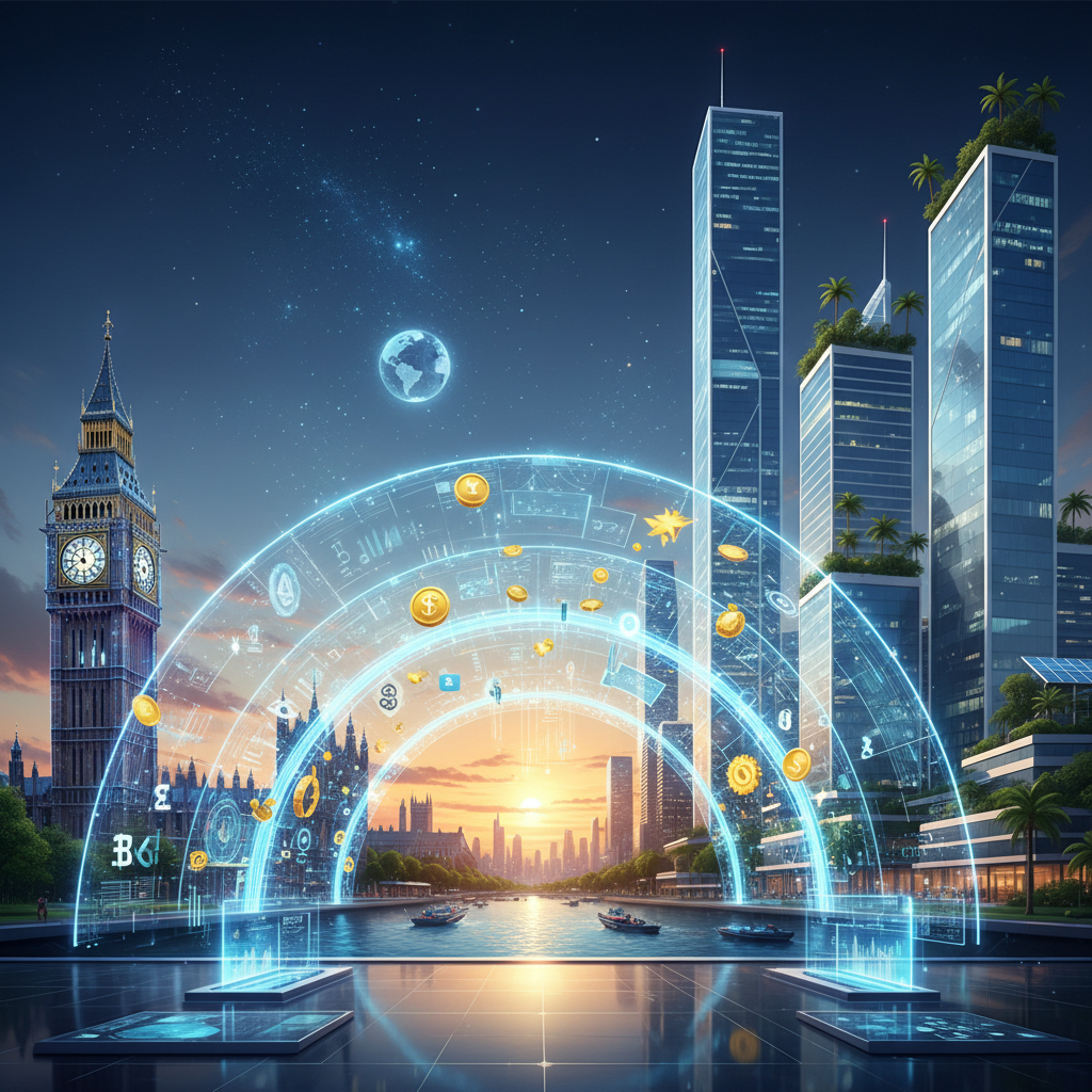 A conceptual illustration of a futuristic digital bridge connecting London's Big Ben skyline with a modern tropical financial hub, symbolizing the flow of international wealth.