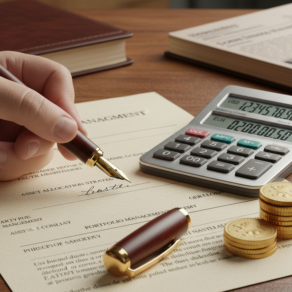 A close-up of a high-end fountain pen signing a wealth management document next to a dual-currency calculator and gold coins.