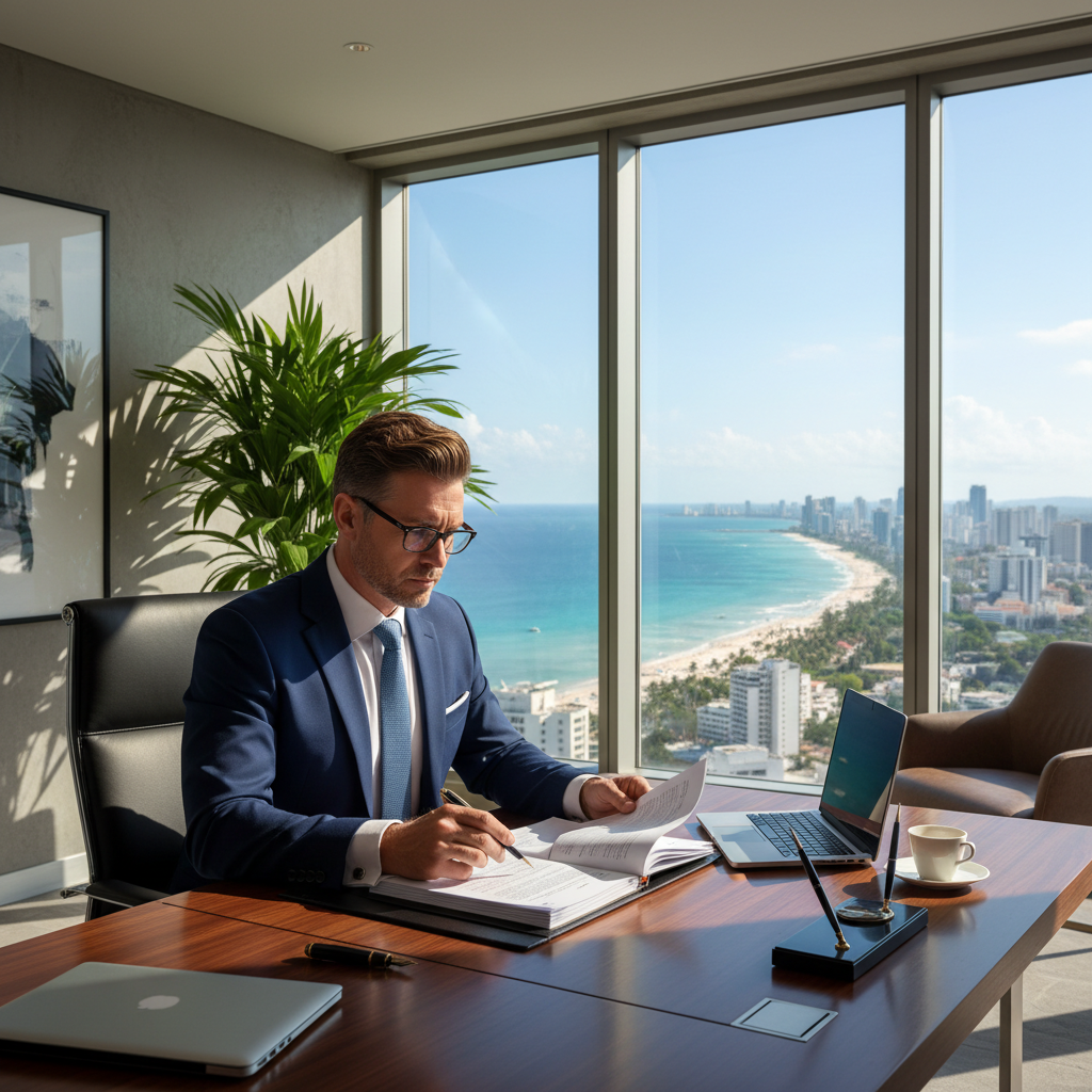 A professional British male entrepreneur sitting in a modern high-rise office in a sunny foreign city, looking at legal documents with a view of a tropical coastline.