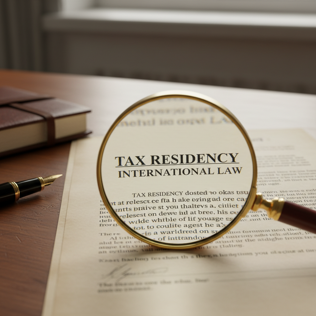 A close-up of a legal contract with a magnifying glass over the words 'Tax Residency' and 'International Law' on a wooden desk.