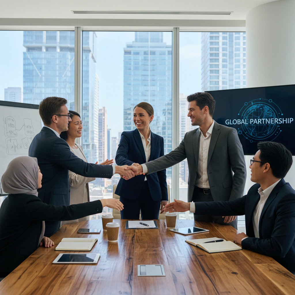 A diverse team of professionals shaking hands in a bright, modern conference room, symbolizing successful international business collaboration.