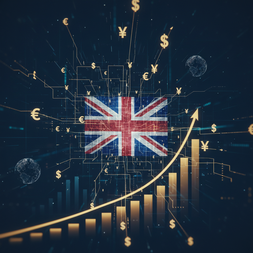 An abstract representation of global finance featuring the Union Jack flag subtly integrated into a digital network of golden currency symbols and rising market lines.