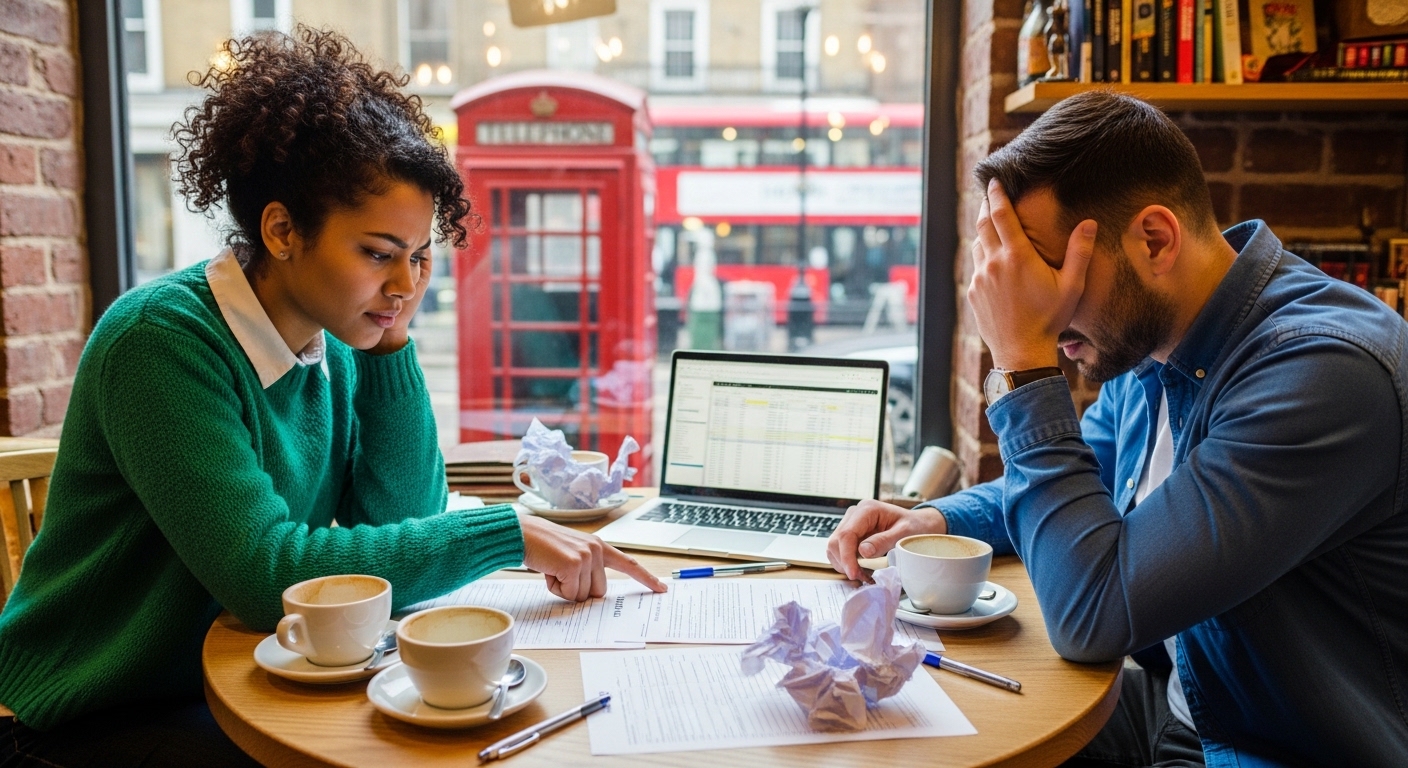 A diverse couple sitting at a wooden table in a cozy London cafe, looking stressed while reviewing complex tax documents and a laptop, with a blurred red phone box in the background through the window.