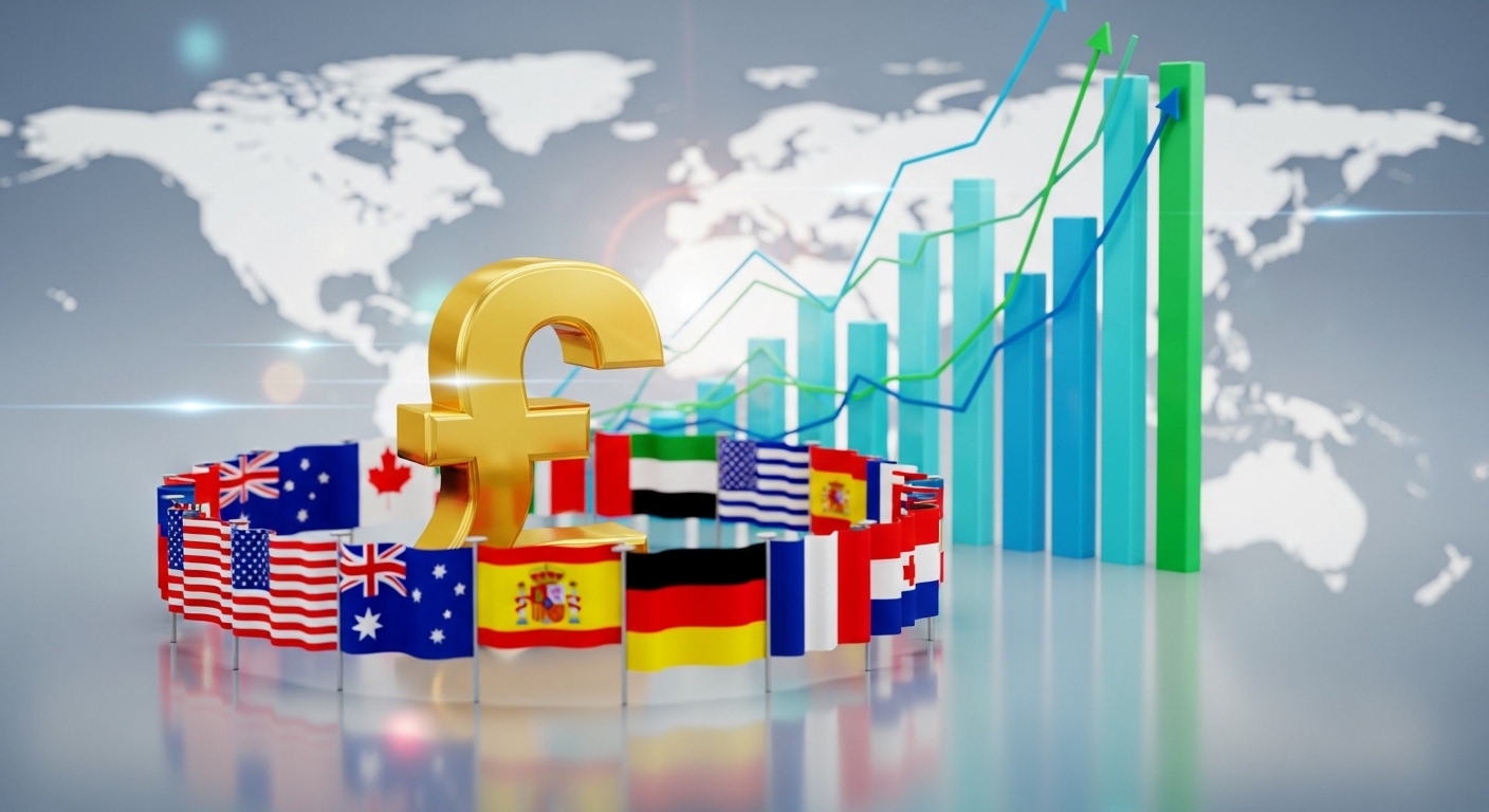 A conceptual 3D illustration of a British Pound symbol surrounded by various international flags and upward-trending financial charts, representing global wealth management for expats.