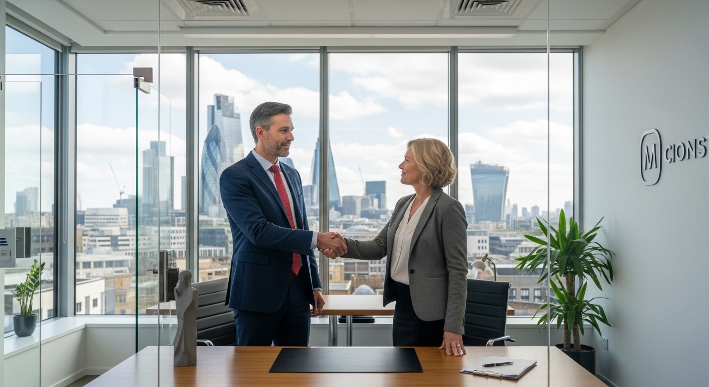 A professional financial advisor in a sharp suit shaking hands with a client in a modern, glass-walled office with a view of the Gherkin and the Shard in London.