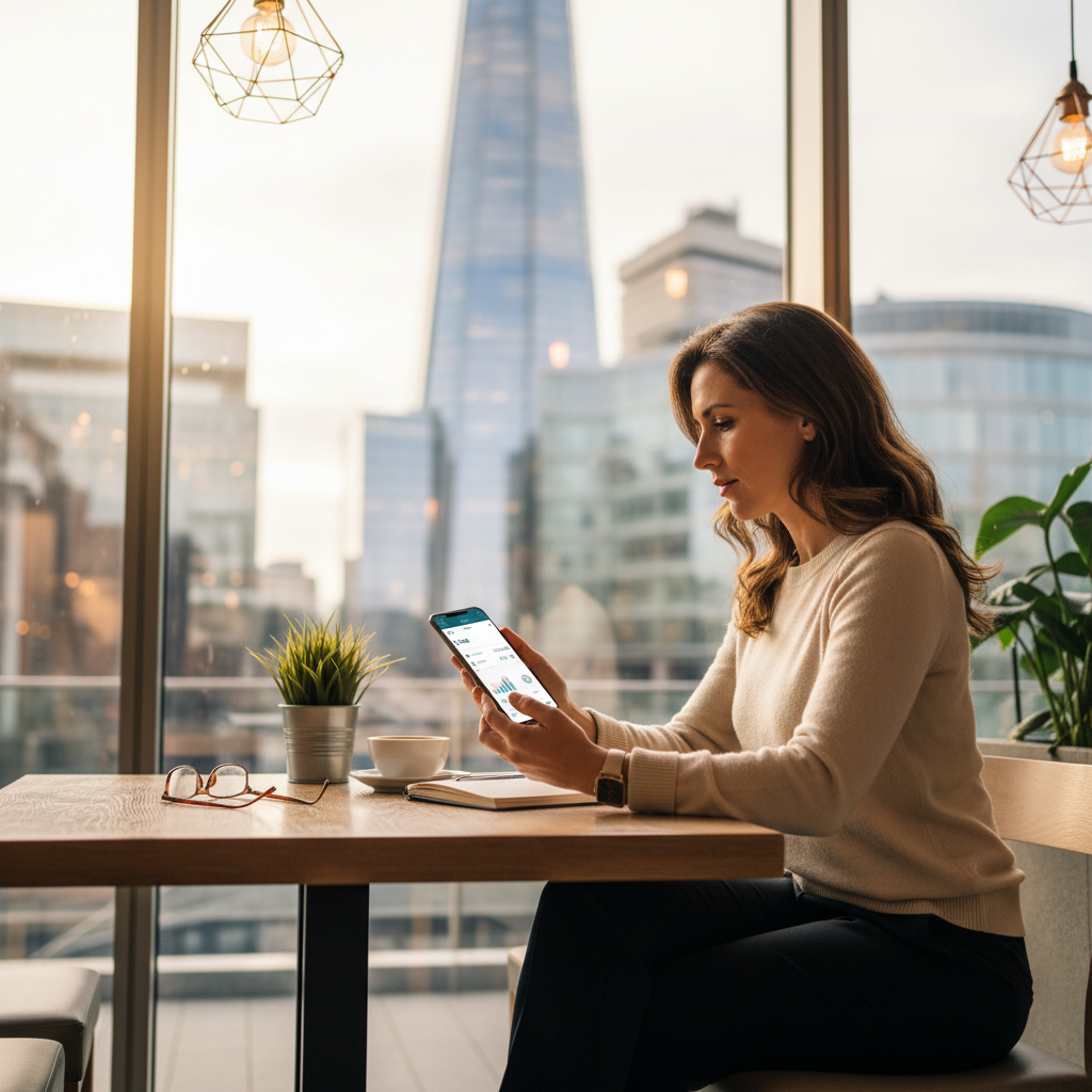 A professional expat sitting in a modern London cafe, looking at a banking app on their smartphone with the Shard and city skyline visible through the window in a cinematic, soft-focus style.
