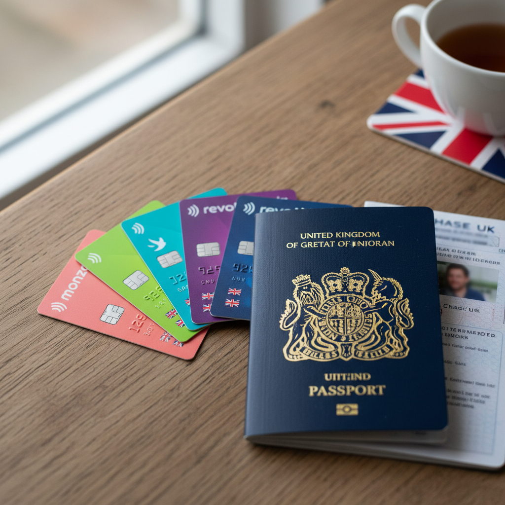 Close-up of several colorful contactless debit cards from various UK digital banks resting on a wooden table next to a classic British passport.
