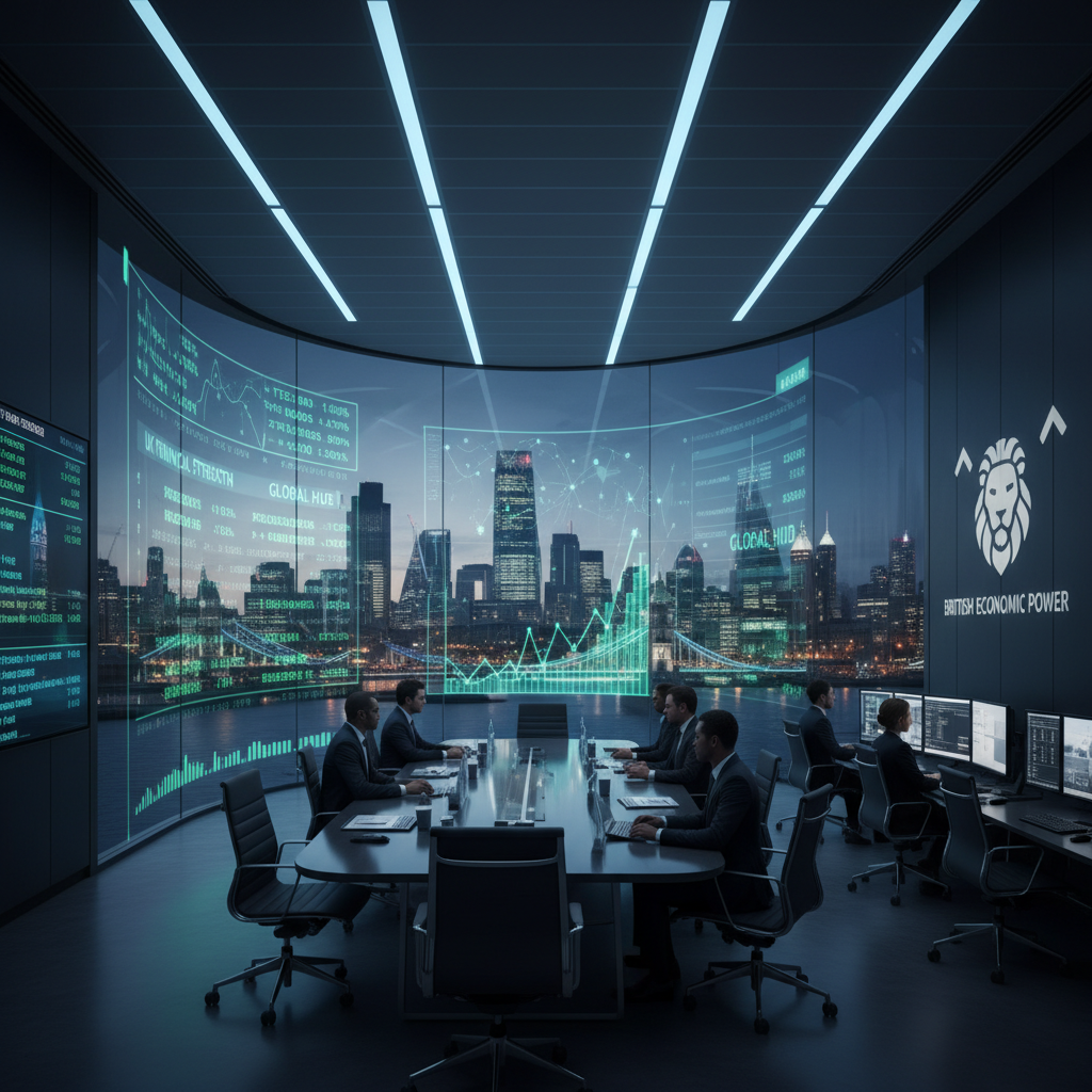 A high-tech office in the City of London at dusk, with digital stock tickers and financial data projected on a glass wall, symbolizing the strength of the UK financial system.