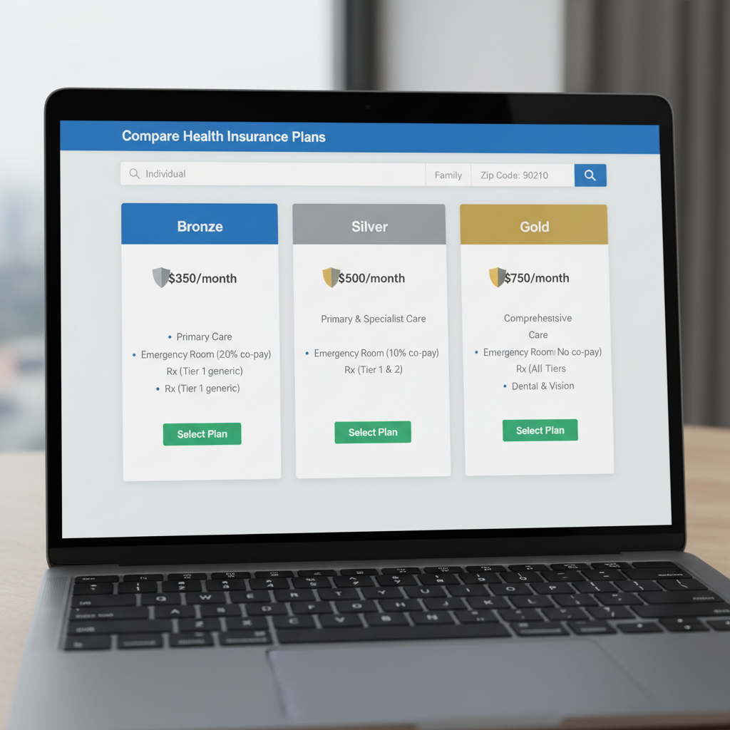 Close-up of a digital insurance comparison tool on a laptop screen showing different tiers of health coverage plans.