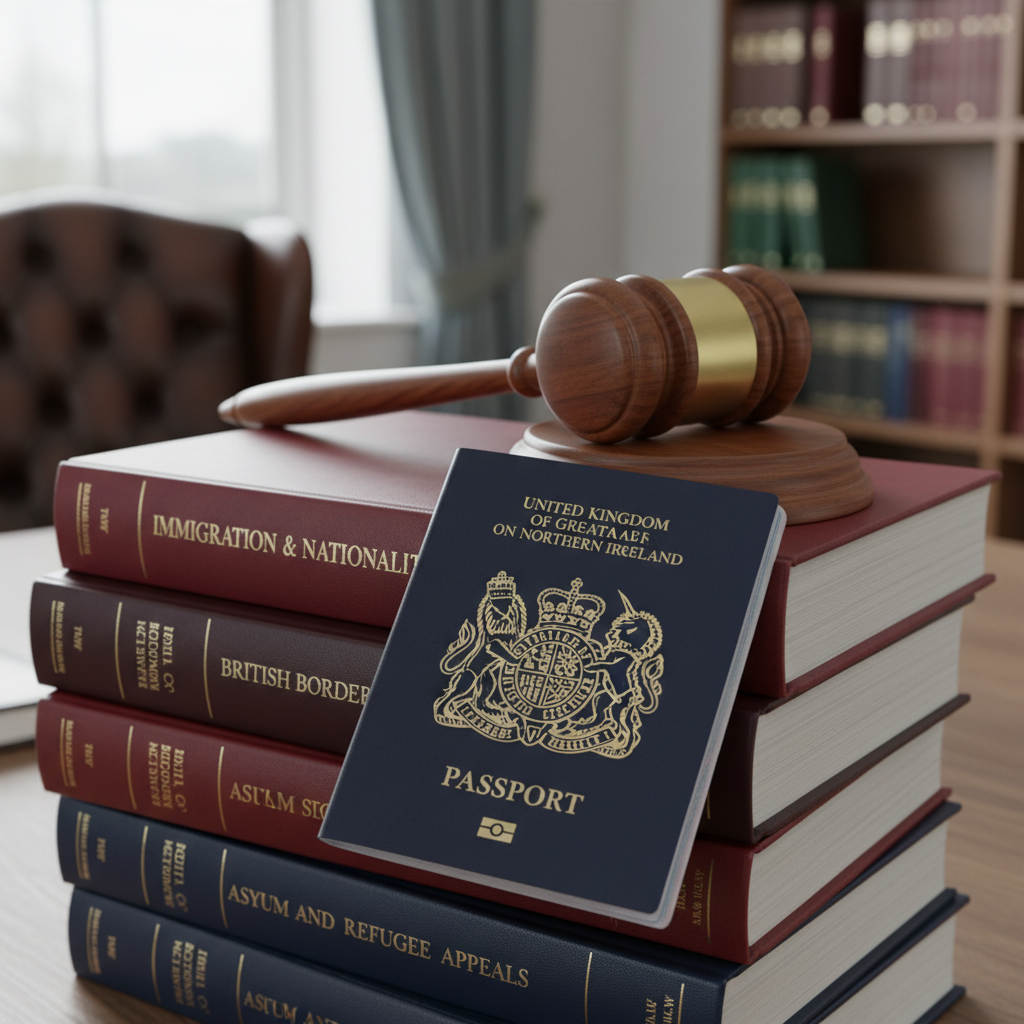 A close-up of a legal gavel resting on a stack of immigration law books and a British passport