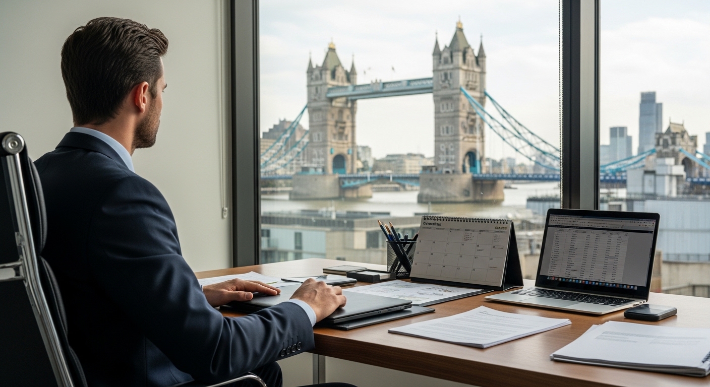 A professional expat sitting in a modern London office, looking out at the Tower Bridge, with a complex calendar and tax documents spread across a wooden desk.