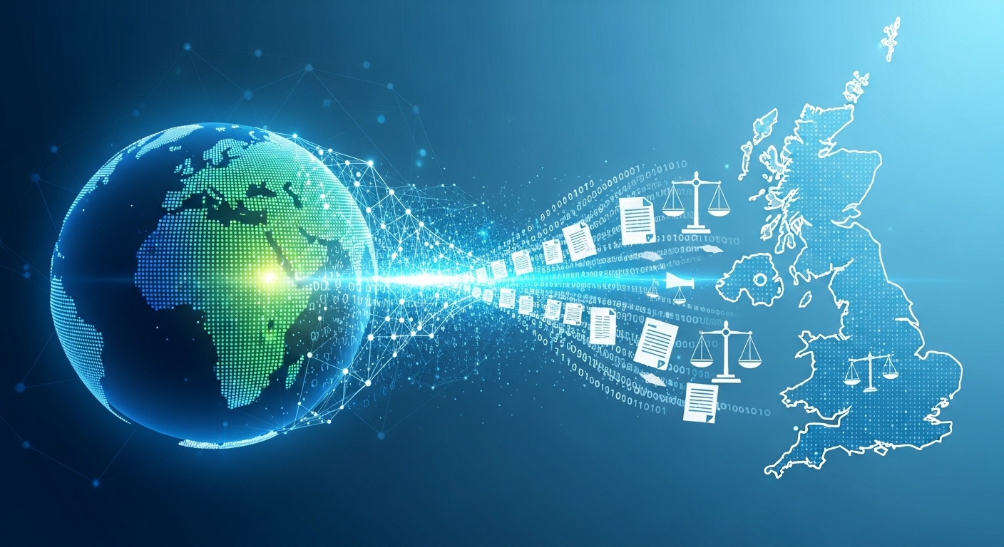 Conceptual illustration of a digital bridge connecting a globe to a UK map, symbolizing the flow of international finance and the transition of tax laws.