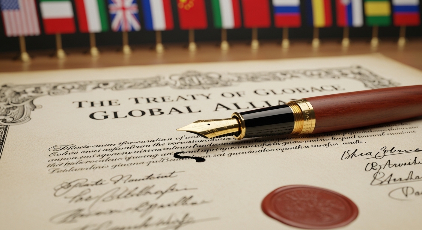 A macro shot of a fountain pen resting on a formal international treaty document, with blurred flags of various nations in the background.