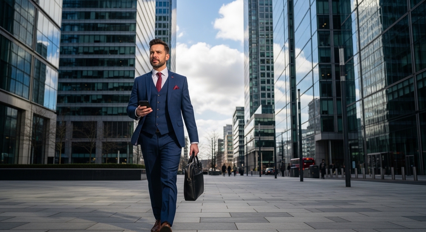 A professional entrepreneur in a sharp suit walking through the modern business district of Canary Wharf, London, with towering glass skyscrapers and a clear blue sky in the background.