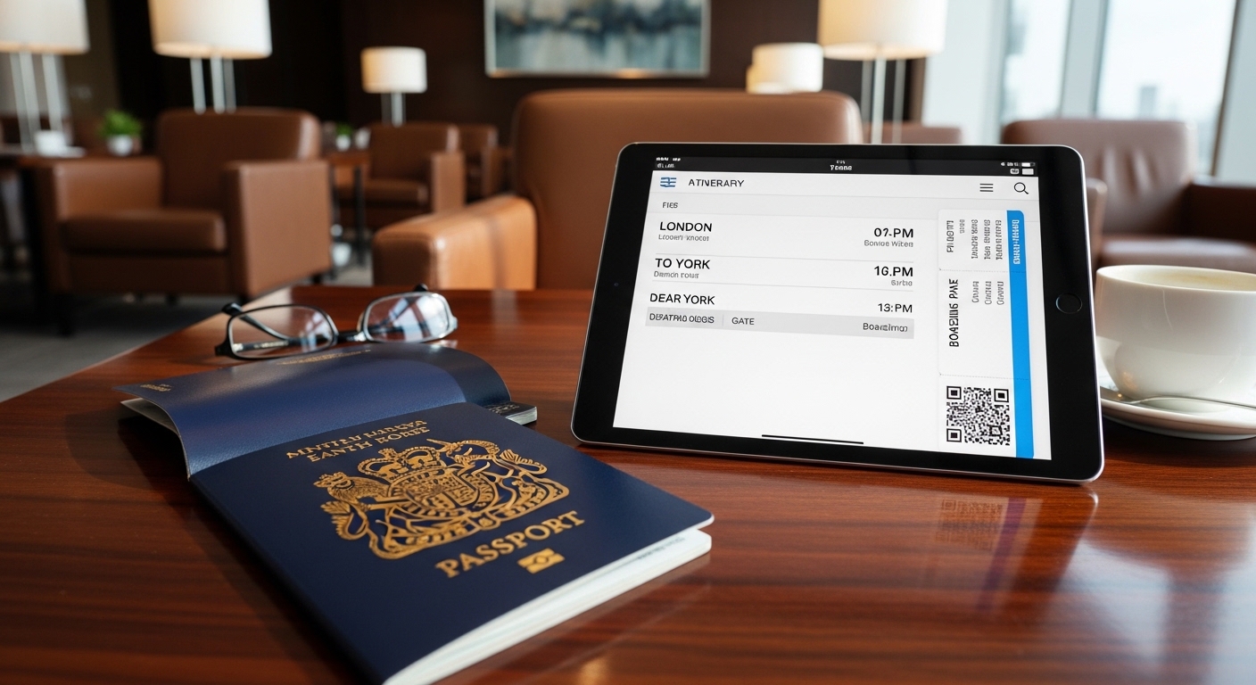 A close-up shot of a British passport and a business traveler's tablet displaying an itinerary and flight tickets, resting on a polished wooden table in a high-end airport lounge.