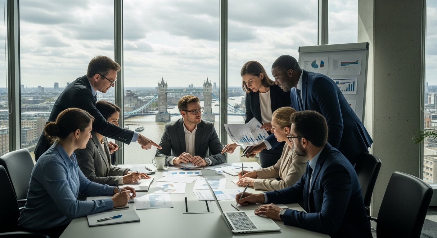 A collaborative business meeting in a high-rise London office overlooking the River Thames and the Tower Bridge, featuring diverse professionals discussing documents.