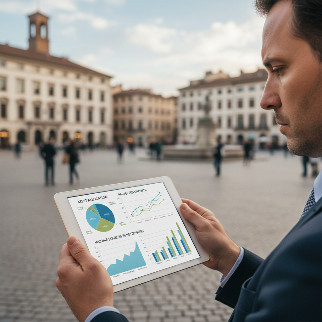 A professional person looking at a digital tablet showing retirement planning charts with a blurred background of a European city square.
