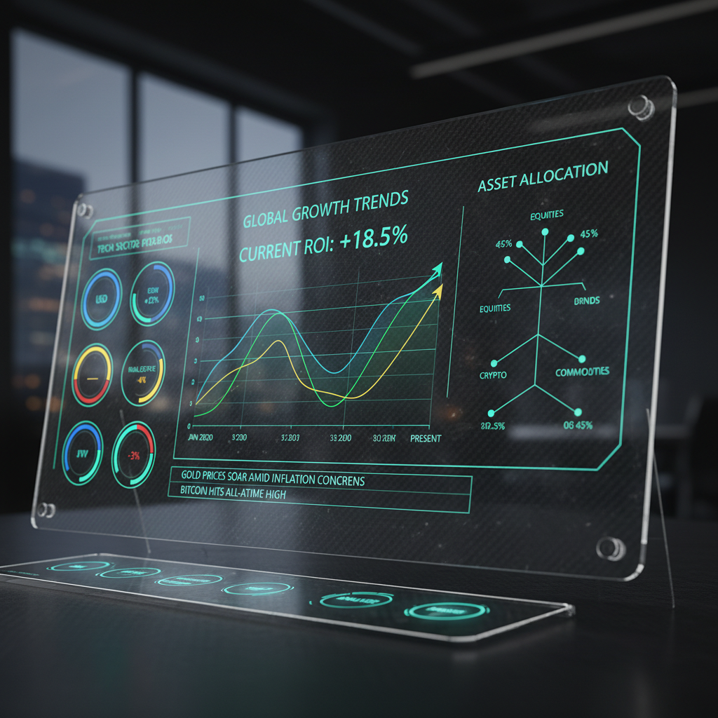 A digital dashboard showing global investment portfolios with diverse currencies and growth graphs.