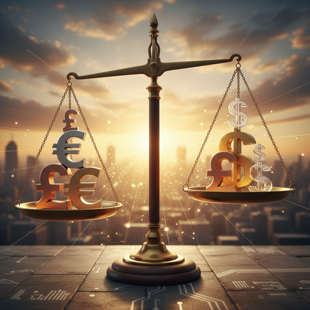 A conceptual image of different currency symbols like GBP, EUR, and USD balancing on a scale with a sunrise background.