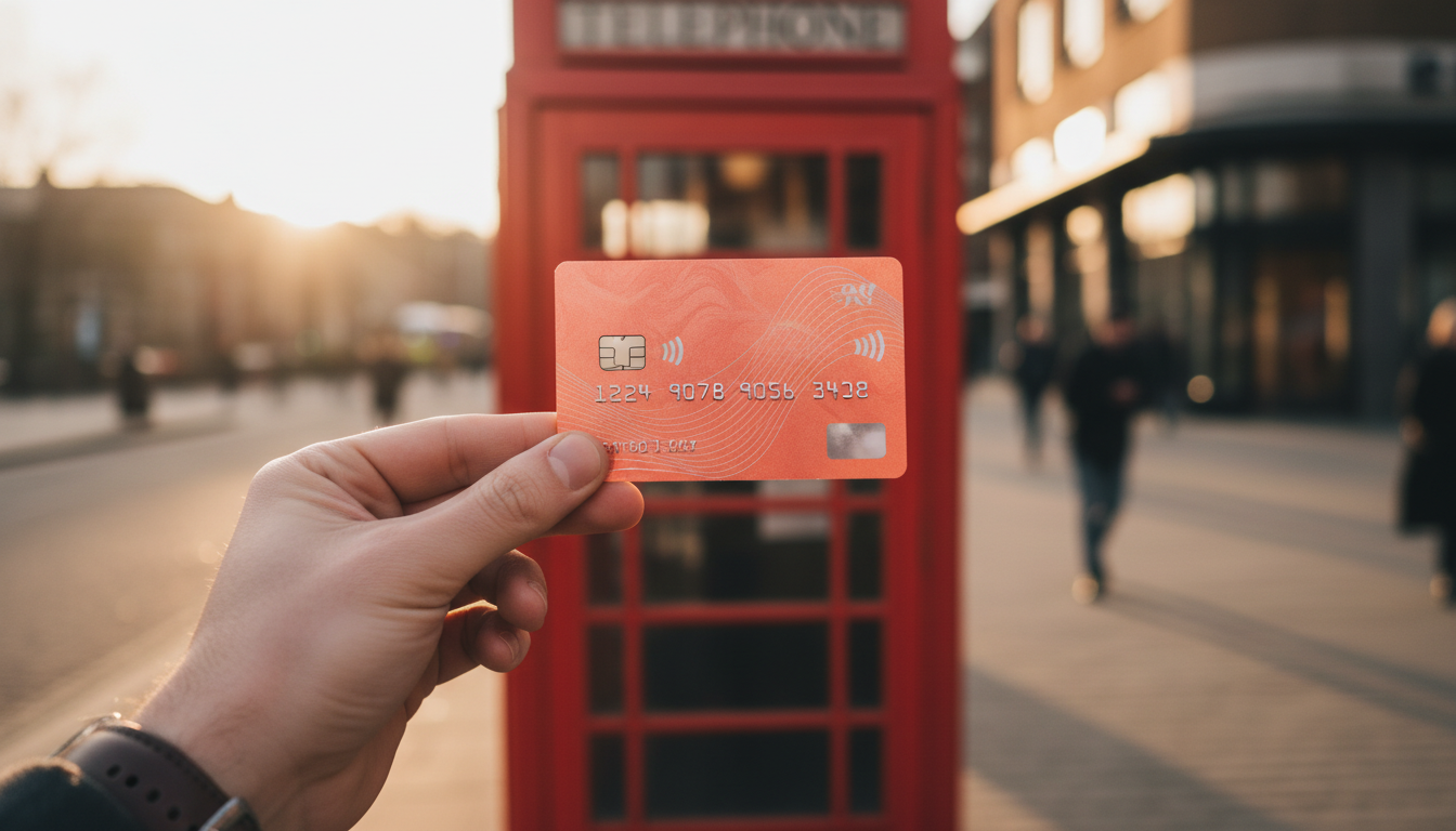 A first-person perspective of a person holding a vibrant coral-colored debit card in front of a classic red British telephone box, cinematic lighting, sharp focus on the card.
