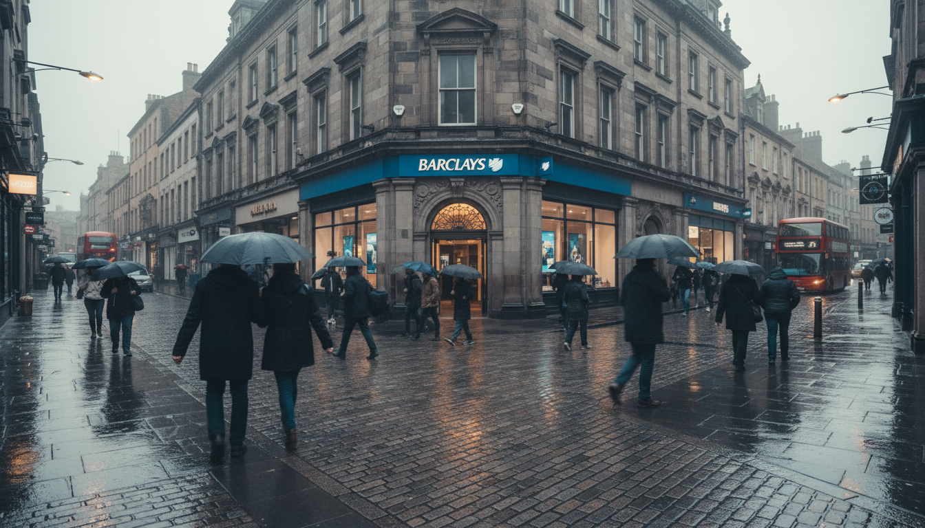 A wide shot of a traditional stone-built UK high street bank branch with a blue Barclays sign, people walking past with umbrellas, rainy day aesthetic, high quality photography.