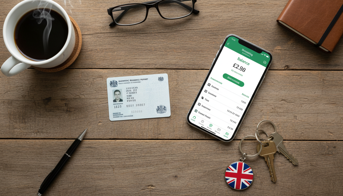 A flat lay of essentials for an expat: a British BRP card, a smartphone showing a banking app interface, a set of house keys with a Union Jack keychain, and a cup of coffee on a wooden desk.