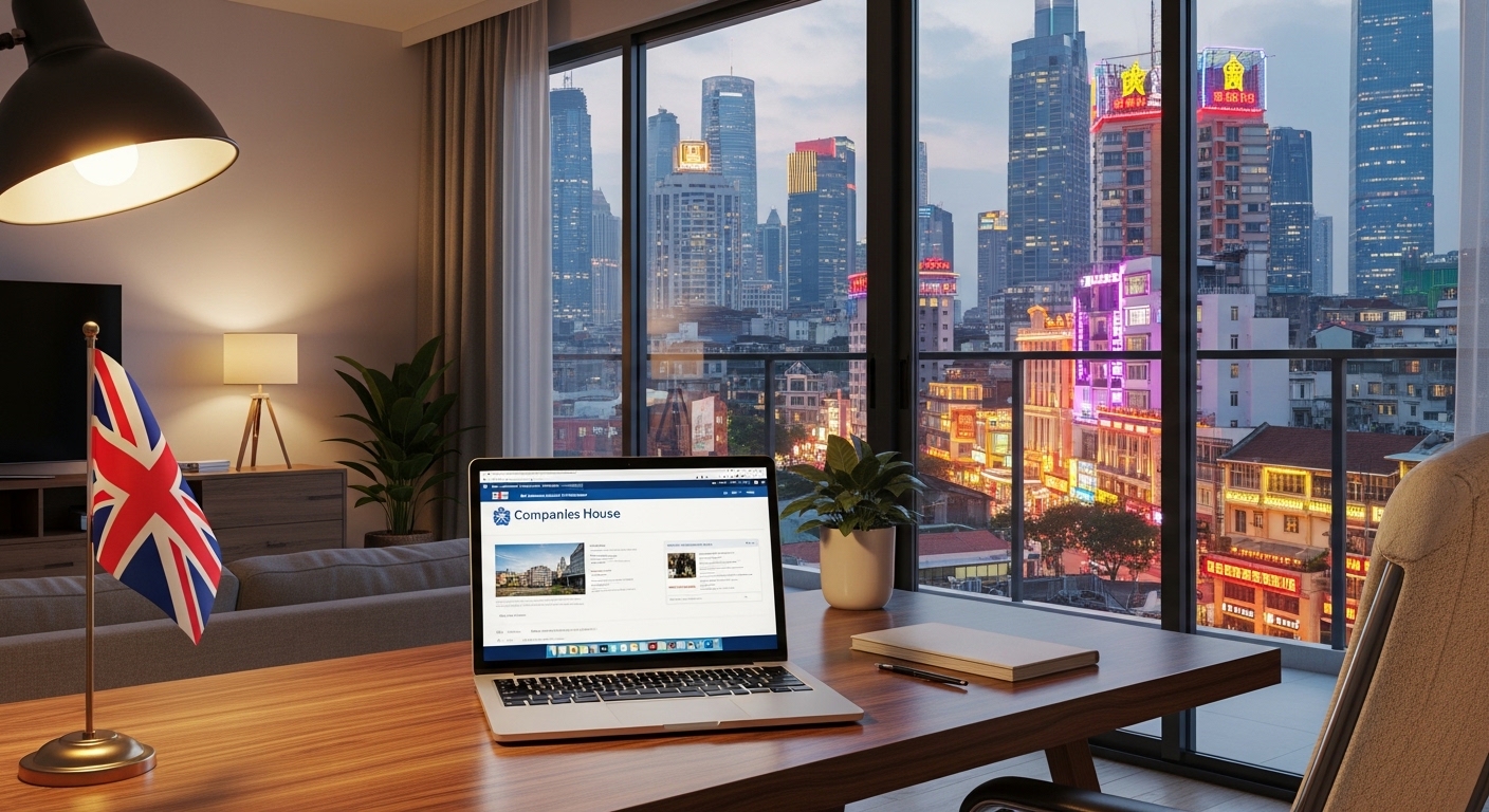 A professional home office setup in a modern apartment overlooking a foreign city skyline, with a laptop screen displaying the UK Companies House registration portal and a British flag desk ornament.