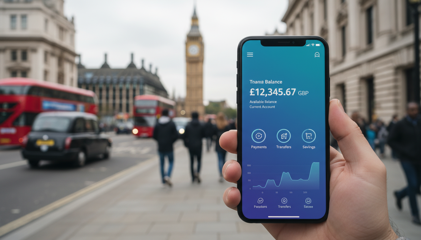A sleek digital interface of a modern fintech banking app on a smartphone, showing a balance in British Pounds (GBP) with a blurred background of a busy London street and the Big Ben clock tower.