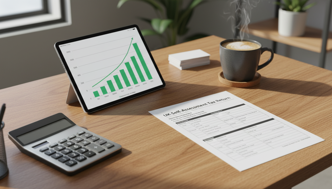 A clean, organized wooden desk featuring a calculator, a tablet showing financial graphs, a UK tax return document, and a cup of coffee, symbolizing business growth and compliance.