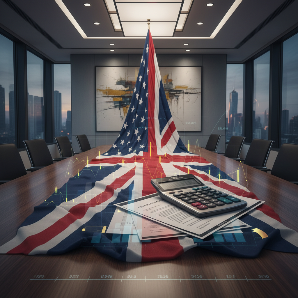 A professional conceptual image showing the US and UK flags blending together over a table filled with complex financial charts, a calculator, and legal documents in a high-end office setting.