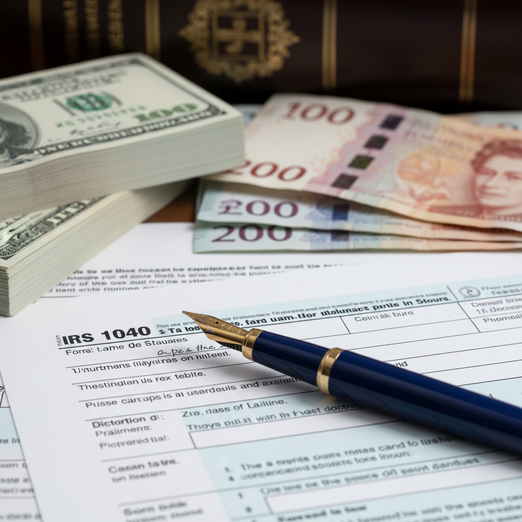 A close-up shot of a fountain pen resting on a tax form with blurred stacks of US Dollars and British Pounds in the background, symbolizing international finance and law.