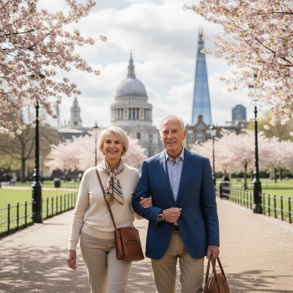 An elderly couple walking through a park in London, looking relaxed and financially secure, representing the peace of mind that comes with proper international retirement planning.