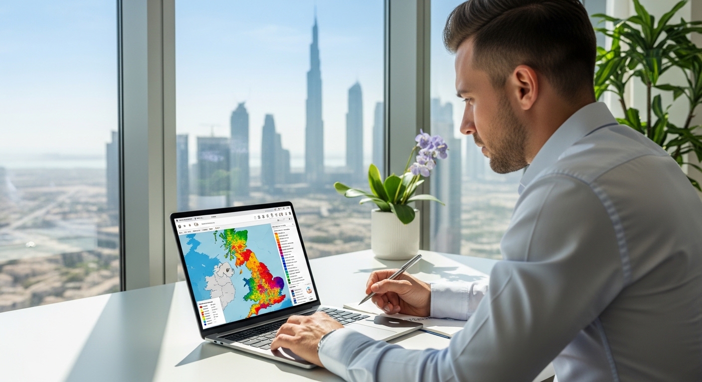 A professional expat sitting in a modern high-rise office in a sunny city like Dubai, looking at a laptop screen displaying a heat map of property prices in the United Kingdom.