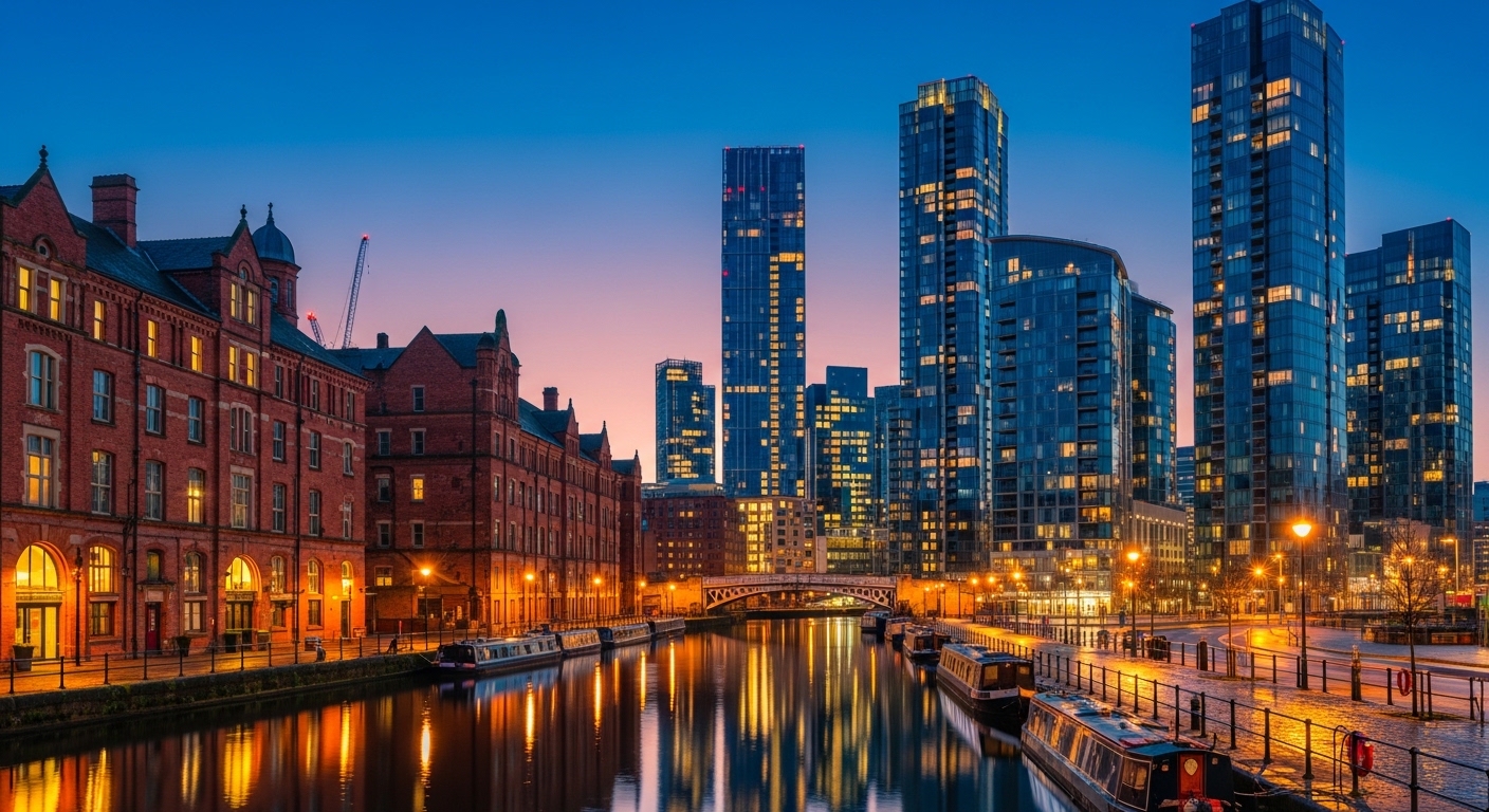 A stunning wide-angle shot of the Manchester skyline at dusk, showing a mix of historic brick buildings and ultra-modern glass residential skyscrapers reflecting on the canal.