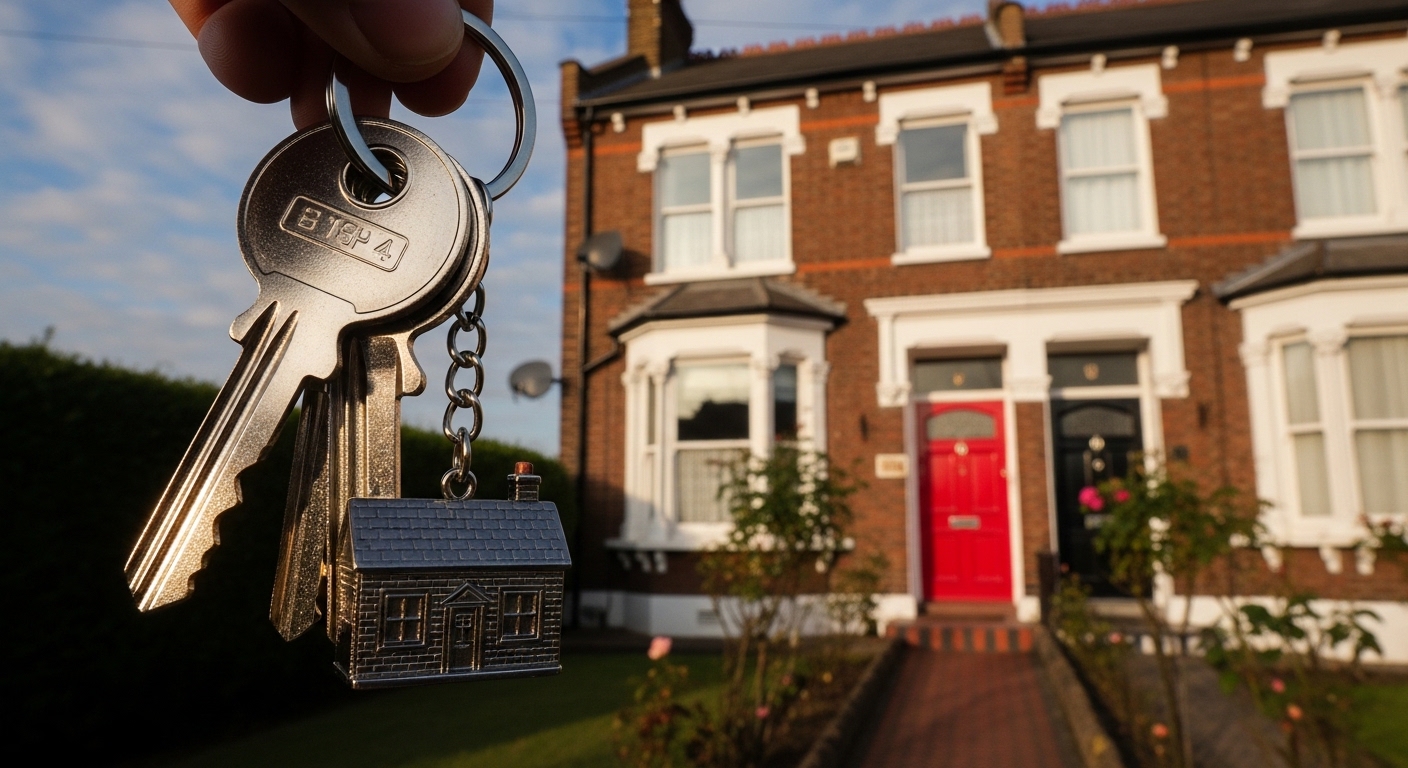 A set of shiny silver keys with a keychain shaped like a small house, being handed from one person to another in front of a classic British Victorian terraced house with a bright red front door.