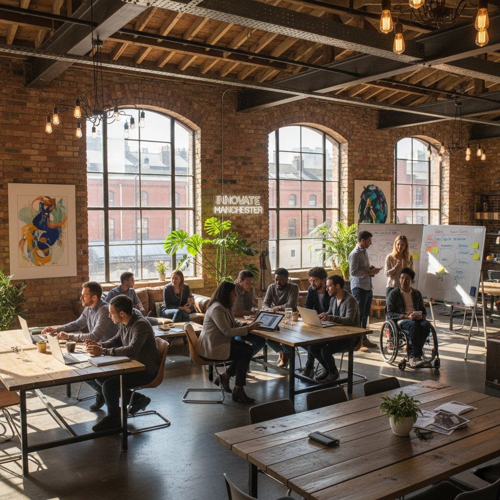 A diverse group of entrepreneurs in a collaborative co-working space in Manchester, with industrial-chic decor and natural sunlight.