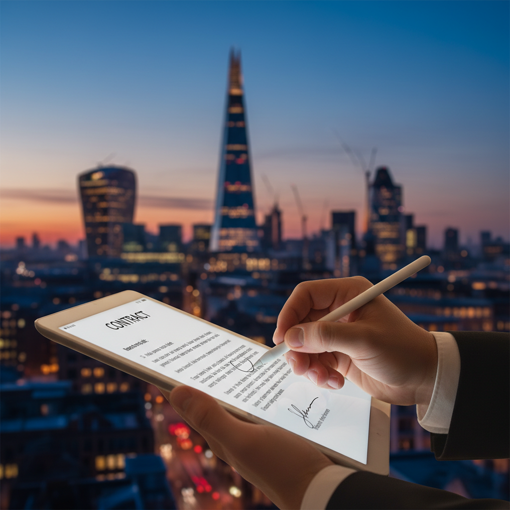 A close-up of a professional hand signing a digital contract on a tablet, with a blurred background of a London skyline at dusk.
