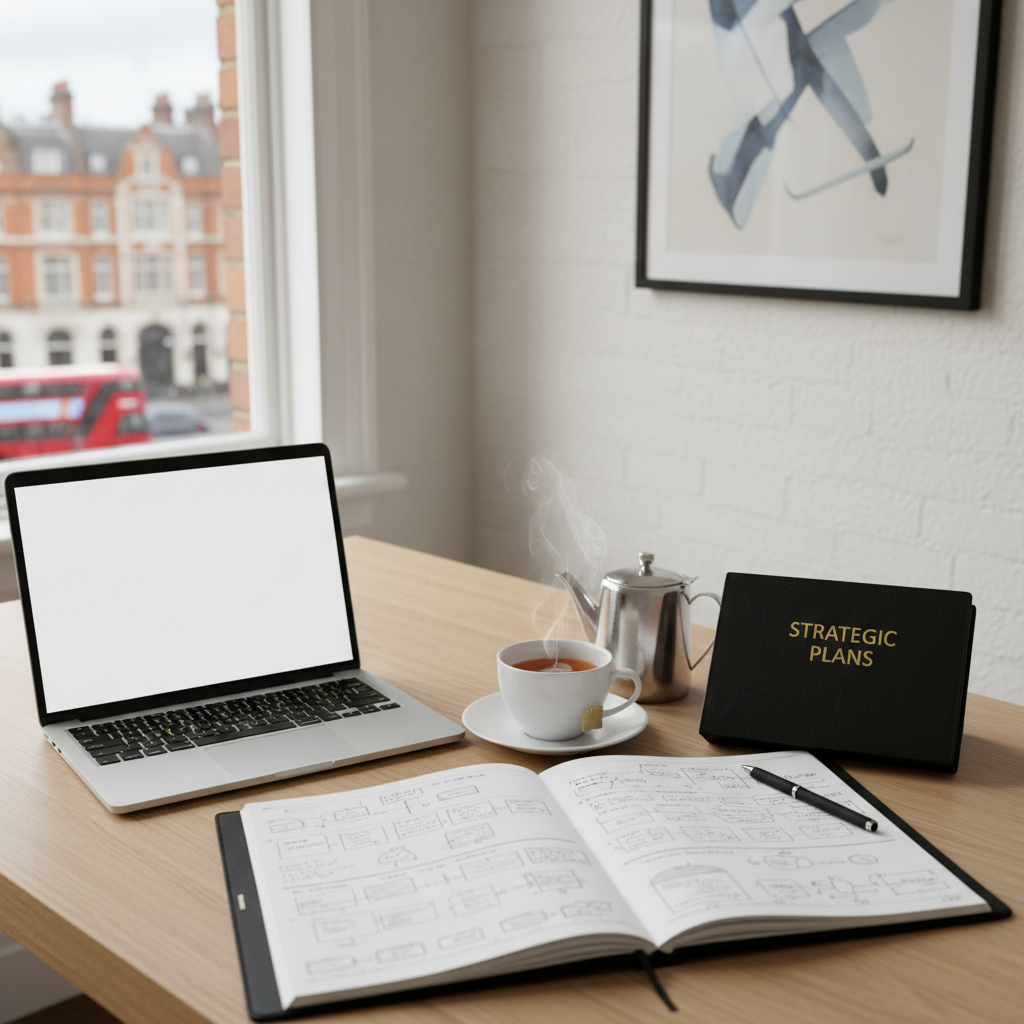 A clean, minimalist office desk with a laptop, a notebook filled with strategic plans, and a cup of tea, representing the British business environment.