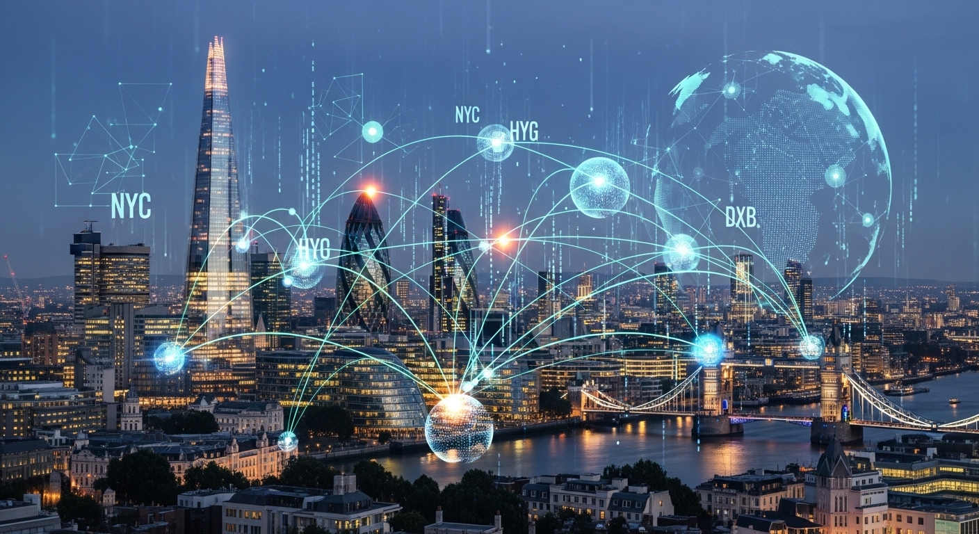A sophisticated composite image showing the iconic London skyline with a digital overlay of global trade routes and business connection nodes.