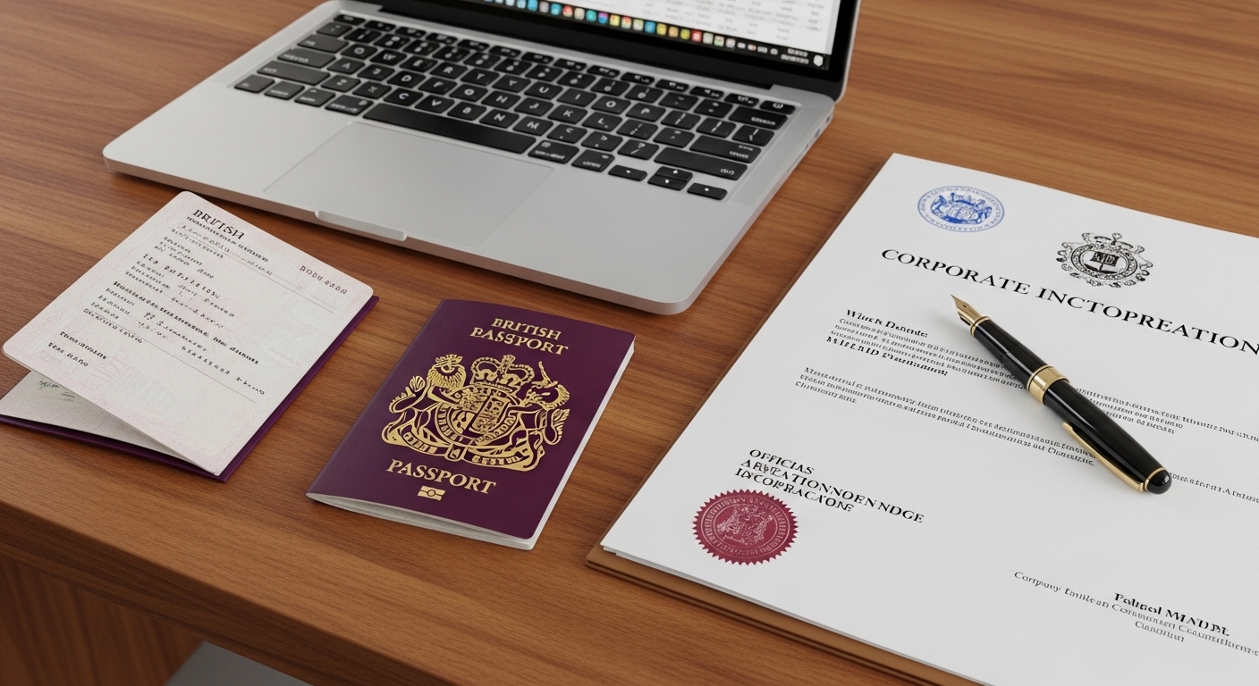 A high-quality photograph of a wooden desk featuring a British passport, a sleek laptop, and official-looking corporate incorporation documents with a fountain pen.