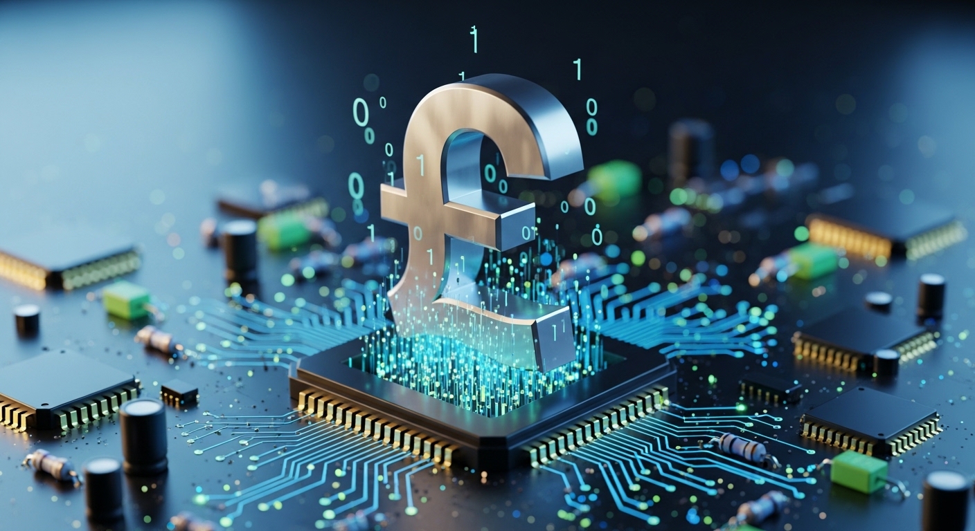 A conceptual 3D visualization of the British Pound symbol integrated into a high-tech circuit board, symbolizing the fusion of traditional finance and modern digital business.