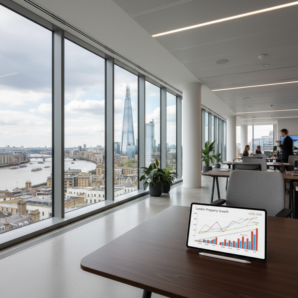 A modern office interior in London with floor-to-ceiling windows looking out over the River Thames and The Shard, with a digital tablet showing property growth charts.